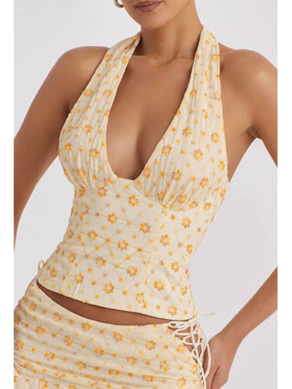 MISTRESS ROCKS Floral Embroidered Halter Top in Yellow Size Small